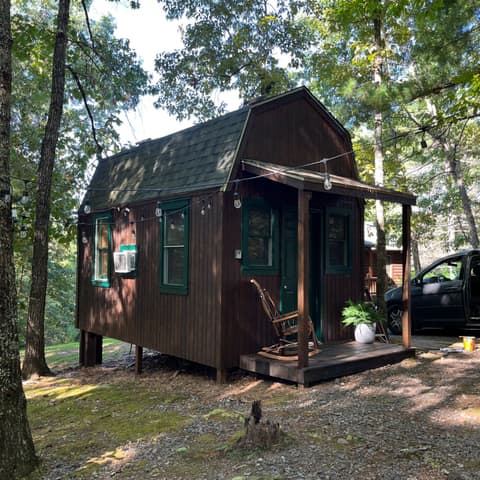 Brown barn-style cabin with freshly painted green window trim and a small porch